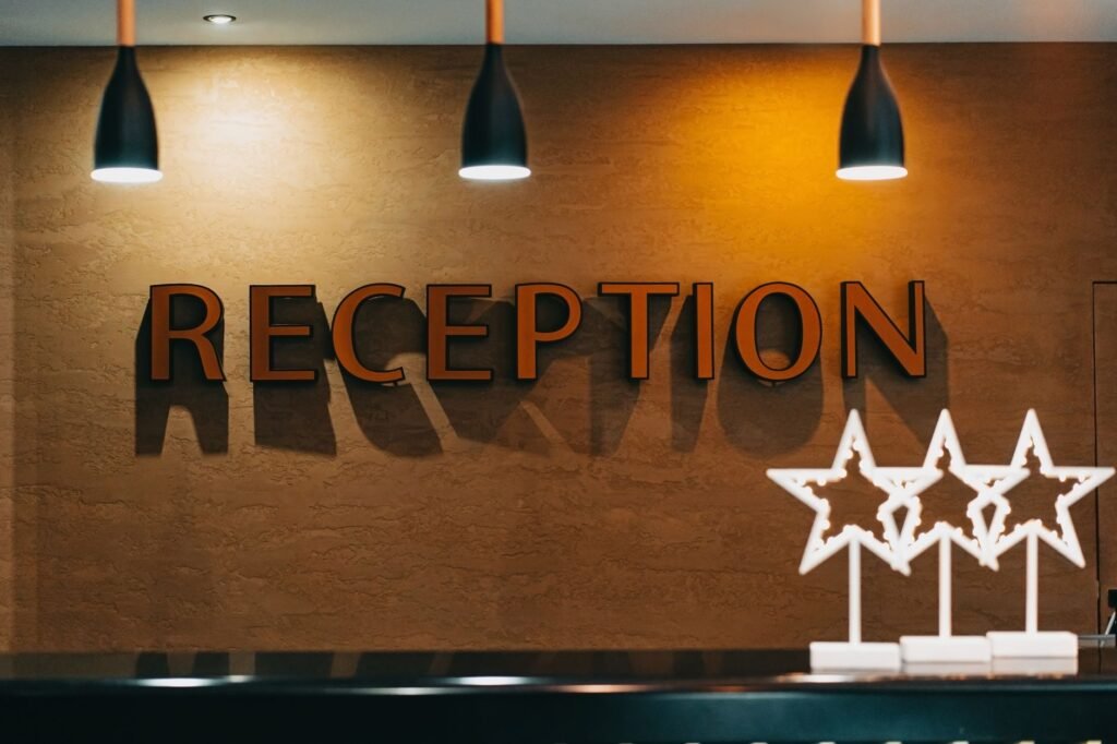 Discreet hotel lobby interior in Umhlanga with warm lighting and soft focus